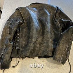 VTG First Black Biker Jacket Men's Size 44 Zipper Belt Button Epaulette Lace-Up