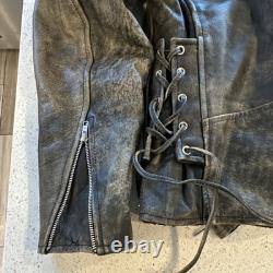VTG First Black Biker Jacket Men's Size 44 Zipper Belt Button Epaulette Lace-Up