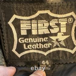 VTG First Black Biker Jacket Men's Size 44 Zipper Belt Button Epaulette Lace-Up