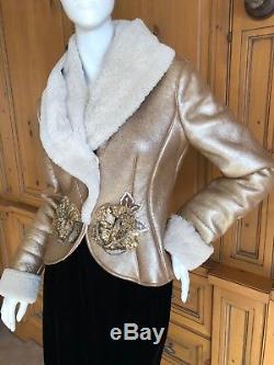 Valentino Vintage Gold Shearling Jacket Gold Beaded Embellished Retail $6995 Sz4