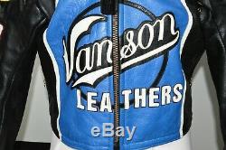 Vanson Leather Black Blue Motorcycle Jacket Genesis NYC Mens 46 Biker Patches