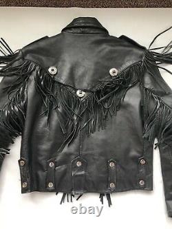 Verducci Fringe Leather Motorcycle Jacket Mens 44 Large Heavy 80's Biker Rock