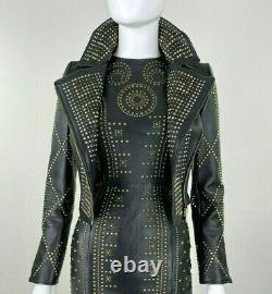 Versace 2 US 38 IT XS Black Leather Jacket Coat Gold Studs Full Zip Runway Auth