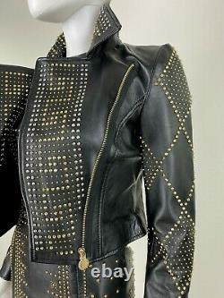 Versace 2 US 38 IT XS Black Leather Jacket Coat Gold Studs Full Zip Runway Auth