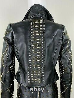 Versace 2 US 38 IT XS Black Leather Jacket Coat Gold Studs Full Zip Runway Auth