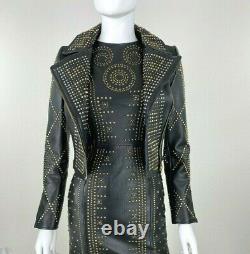 Versace 2 US 38 IT XS Black Leather Jacket Coat Gold Studs Full Zip Runway Auth