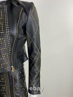 Versace 2 US 38 IT XS Black Leather Jacket Coat Gold Studs Full Zip Runway Auth