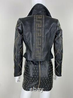 Versace 2 US 38 IT XS Black Leather Jacket Coat Gold Studs Full Zip Runway Auth