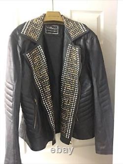 Versace Mens biker Leather Jacket With Golden Silver Studded
