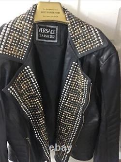 Versace Mens biker Leather Jacket With Golden Silver Studded