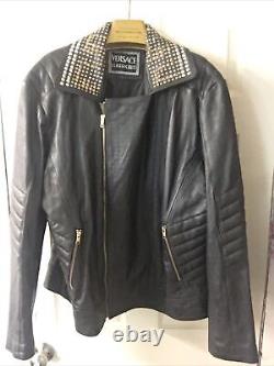 Versace Mens biker Leather Jacket With Golden Silver Studded