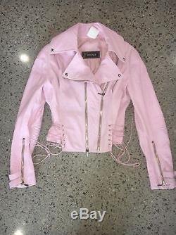 Versace Pink Leather Corset Lace-up Asymmetrical Zip Motorcyle Jacket