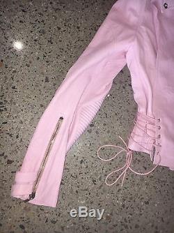 Versace Pink Leather Corset Lace-up Asymmetrical Zip Motorcyle Jacket