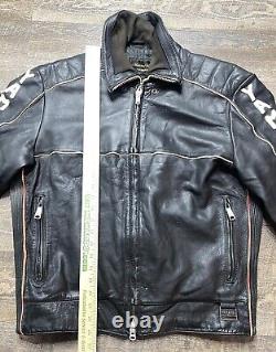 Vintage 1980's Yamaha Men's XL Black Leather Motorcycle Jacket Sleeve Letters