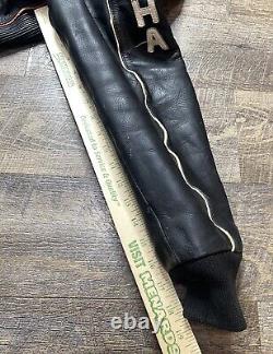 Vintage 1980's Yamaha Men's XL Black Leather Motorcycle Jacket Sleeve Letters