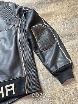 Vintage 1980's Yamaha Men's XL Black Leather Motorcycle Jacket Sleeve Letters