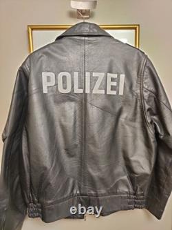 Vintage 1989 Original West German Polizei Black Leather RIRI Zip Jacket Rare L