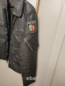Vintage 1989 Original West German Polizei Black Leather RIRI Zip Jacket Rare L