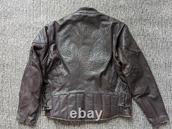Vintage 1990s cowhide MOTORCYCLE leather jacket XL brown SKULL mayhem CAFE RACER