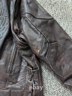 Vintage 1990s cowhide MOTORCYCLE leather jacket XL brown SKULL mayhem CAFE RACER