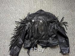 Vintage 1990s motorcycle jacket M black leather 42 fringe WESTERN cowboy concho