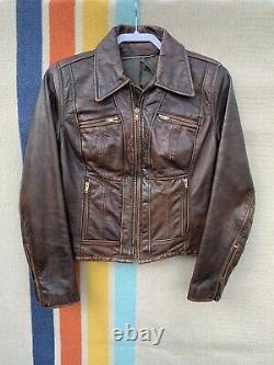 Vintage 60s Leather Motorcycle Jacket Womens M / L Brown Distressed Cafe Racer