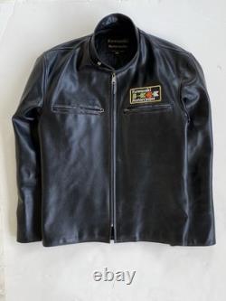 Vintage 70s Kawasaki Motorcycles Black Full Zip Vinyl Leather Jacket Medium