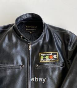 Vintage 70s Kawasaki Motorcycles Black Full Zip Vinyl Leather Jacket Medium