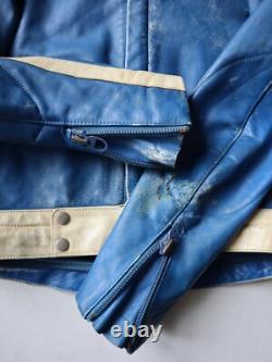 Vintage 80s German Moto Biker Jacket Thrashed Blue White Size S Stadler Modell