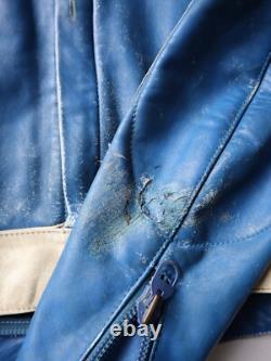 Vintage 80s German Moto Biker Jacket Thrashed Blue White Size S Stadler Modell