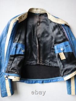 Vintage 80s German Moto Biker Jacket Thrashed Blue White Size S Stadler Modell