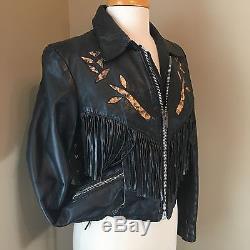 Vintage 80s Womens Rockabilly Snake Skin, Leather Biker Jacket Fringe Lined Sz 10