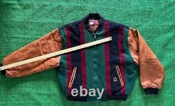 Vintage 90s Tommy Hilfiger Bomber Jacket Colorblock RARE Leather Wool Crest M