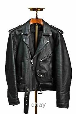 Vintage Black Heavy Genuine Leather Biker Motorcycle Jacket EUC Size 38 REG