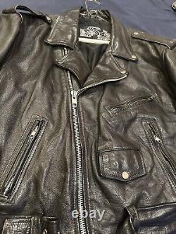 Vintage Black Leather Motorcycle Jacket Size 48 Made In USA With Belt