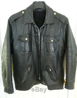 Vintage Black Leather Police Motorcycle Jacket Mens Sz 46 Long Zip Out Liner