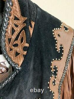 Vintage Diamond Leathers Women's Black & Brown Leather Fringe motorcycle Jacket