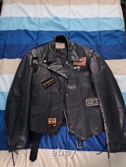 Vintage Excelled Black Leather Biker Jacket Size 46 + Vest With Patches Size 44