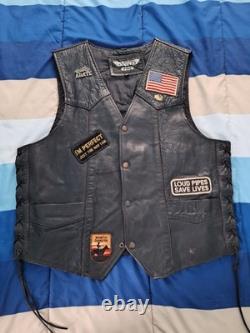 Vintage Excelled Black Leather Biker Jacket Size 46 + Vest With Patches Size 44
