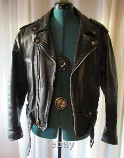 Vintage FIRST Genuine Leather Black Motorcycle biker jacket Sm/Med well worn in