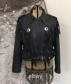 Vintage FMC Black Leather Fringe Motorcycle Jacket