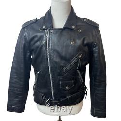 Vintage First Genine Leather Black Motorcycle Jacket With Zipper & Snap Details
