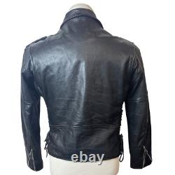 Vintage First Genine Leather Black Motorcycle Jacket With Zipper & Snap Details