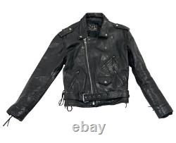 Vintage First Genine Leather Black Motorcycle Jacket With Zipper & Snap Details