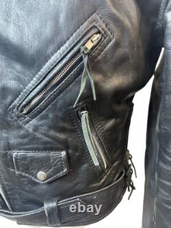 Vintage First Genine Leather Black Motorcycle Jacket With Zipper & Snap Details