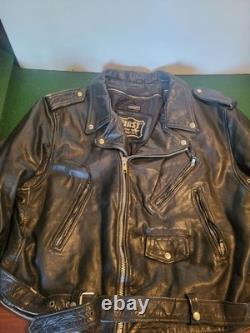 Vintage First Genuine Leather Black Motorcycle Jacket Biker Moto Belted Sz 54