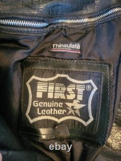 Vintage First Genuine Leather Black Motorcycle Jacket Biker Moto Belted Sz 54