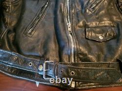 Vintage First Genuine Leather Black Motorcycle Jacket Biker Moto Belted Sz 54