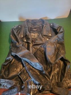Vintage First Genuine Leather Black Motorcycle Jacket Biker Moto Belted Sz 54