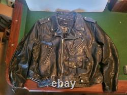 Vintage First Genuine Leather Black Motorcycle Jacket Biker Moto Belted Sz 54